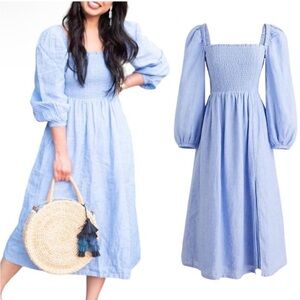 J. Crew Blue Linen Square Neck Long Sleeve Midi Dress- NWT-Petite Large